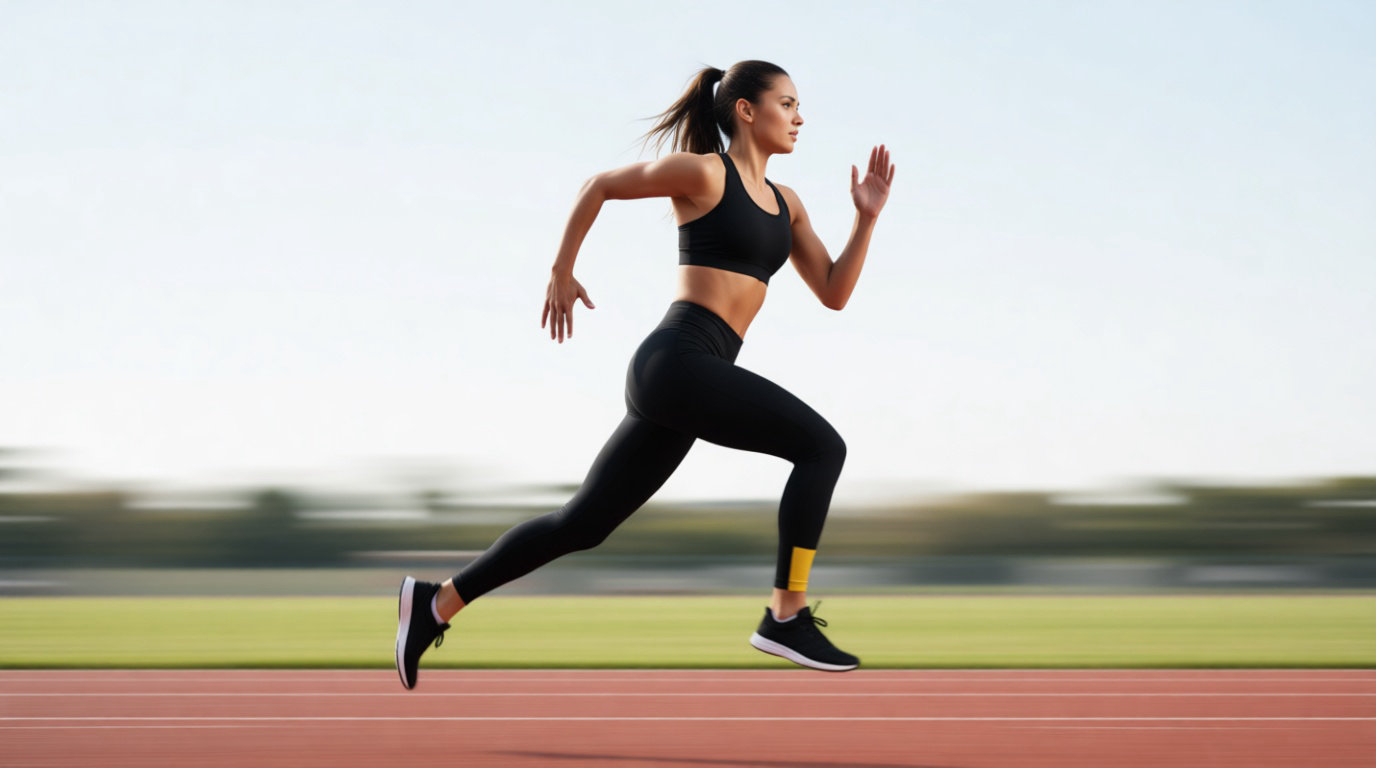 Femme athlétique en tenue de sport noire courant à toute vitesse sur une piste. L'arrière-plan flou suggère le mouvement.