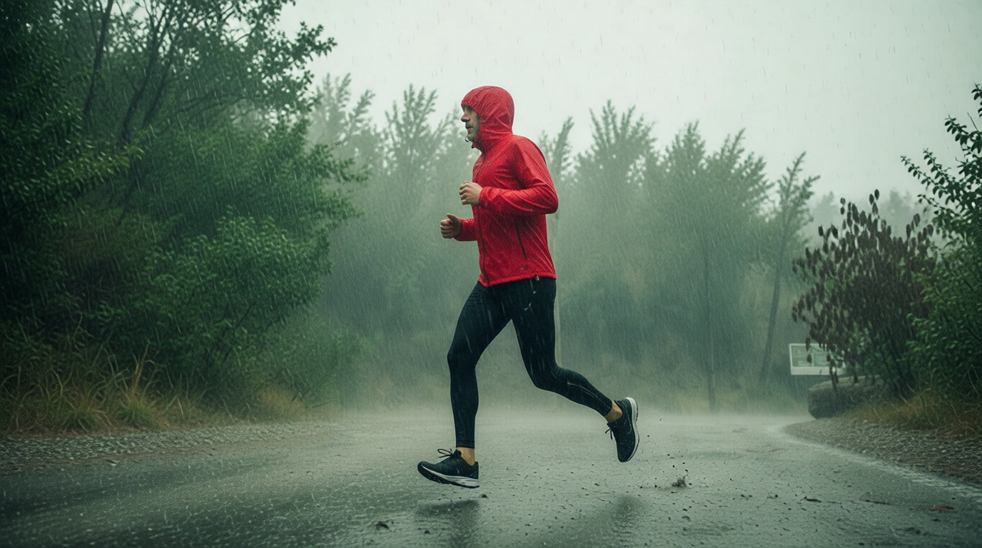 Un coureur en veste rouge et legging noir court sous une forte pluie sur une route bordée d'arbres. L'eau éclabousse ses pieds.