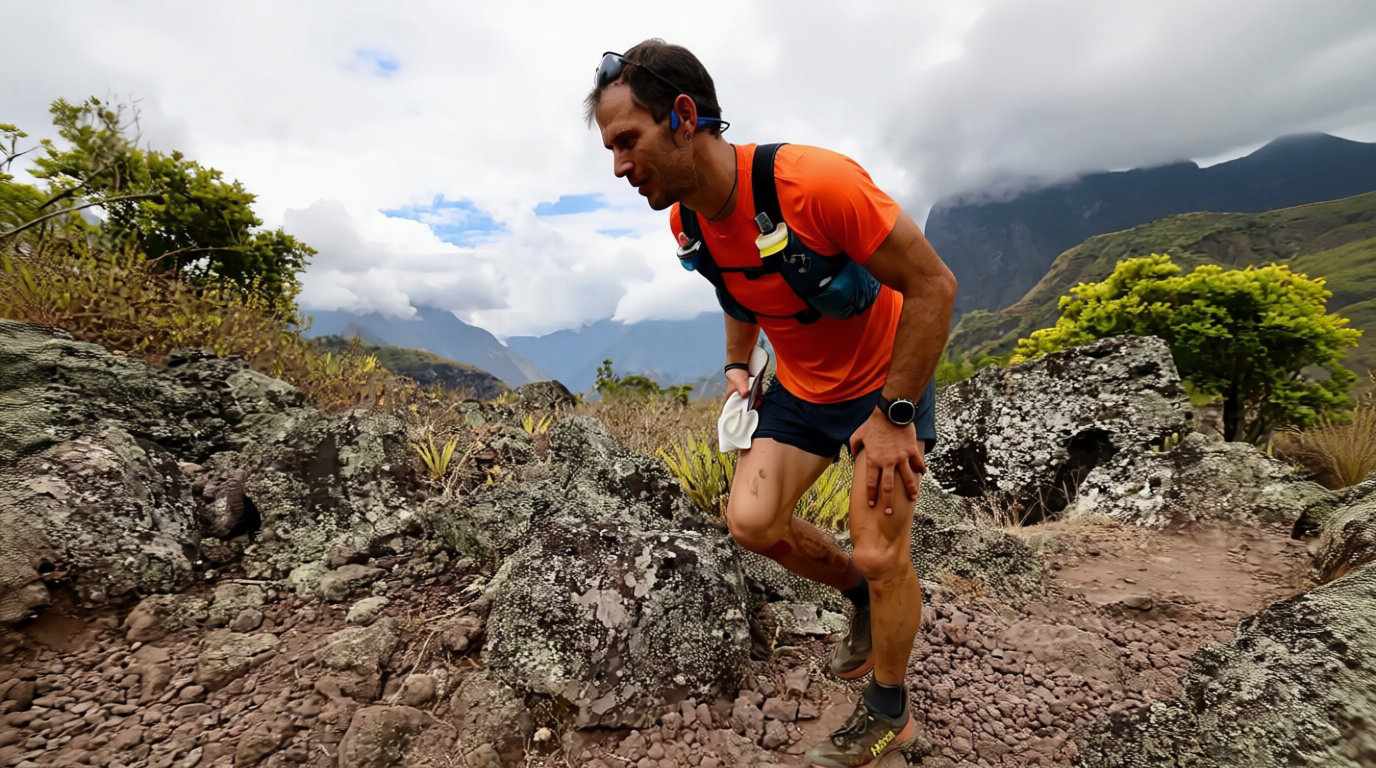 Un coureur de trail en plein effort gravit un sentier rocailleux escarpé, avec des montagnes et un ciel nuageux en arrière-plan.
