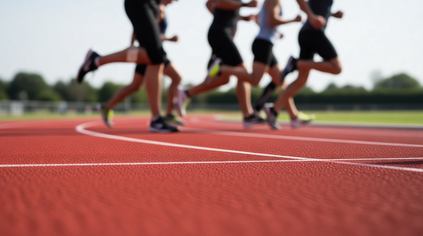 Plusieurs coureurs flous sur une piste d'athlétisme rouge, le premier plan détaillé met en évidence la texture de la piste.