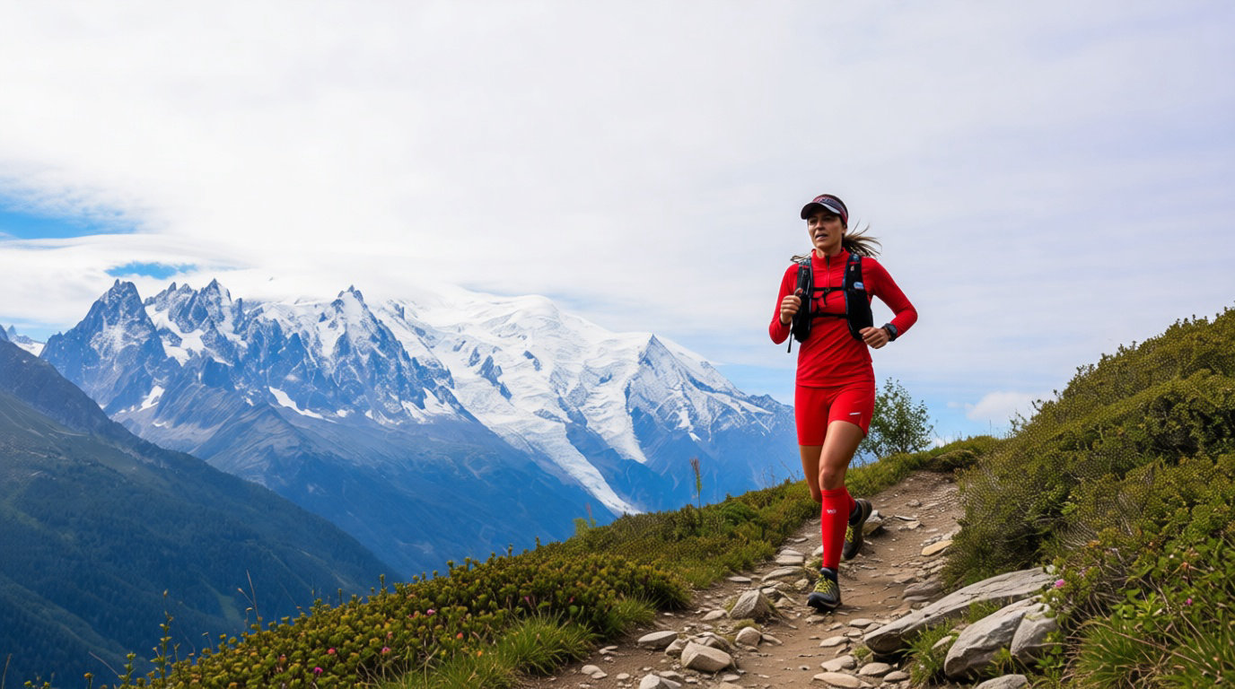 Femme en tenue de trail rouge courant sur un sentier rocailleux en montagne. En arrière-plan, de majestueux sommets enneigés.