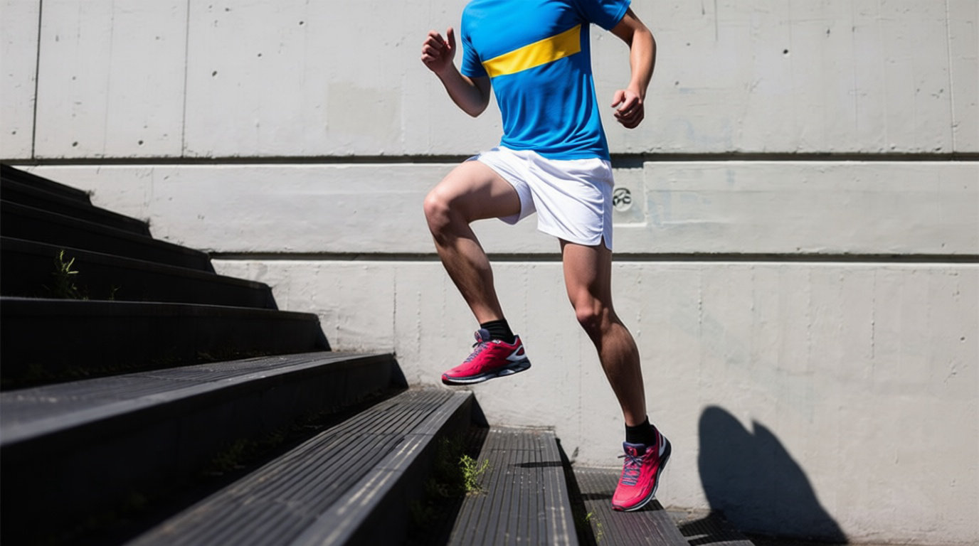 Un athlète en tenue de sport (t-shirt bleu, short blanc, chaussures rouges) monte des escaliers extérieurs en béton, son ombre portée sur le mur.