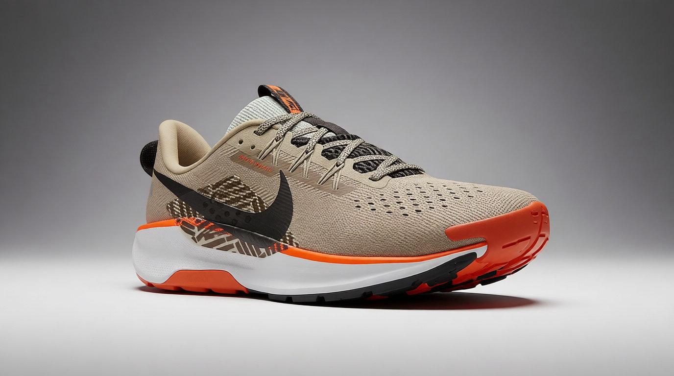 Chaussure de running Nike Pegasus Trail 5, coloris beige avec logo noir, semelle blanche et accents orange vif, vue de profil sur fond uni.