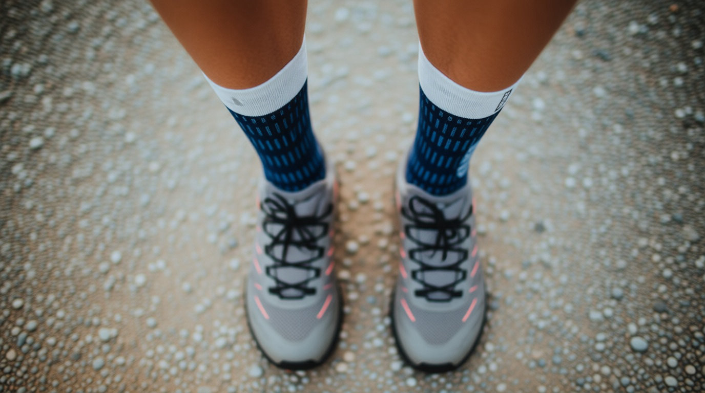 Vue plongeante sur les pieds d'une personne portant des chaussures de course grises et des chaussettes bleues techniques sur un sol de gravier.