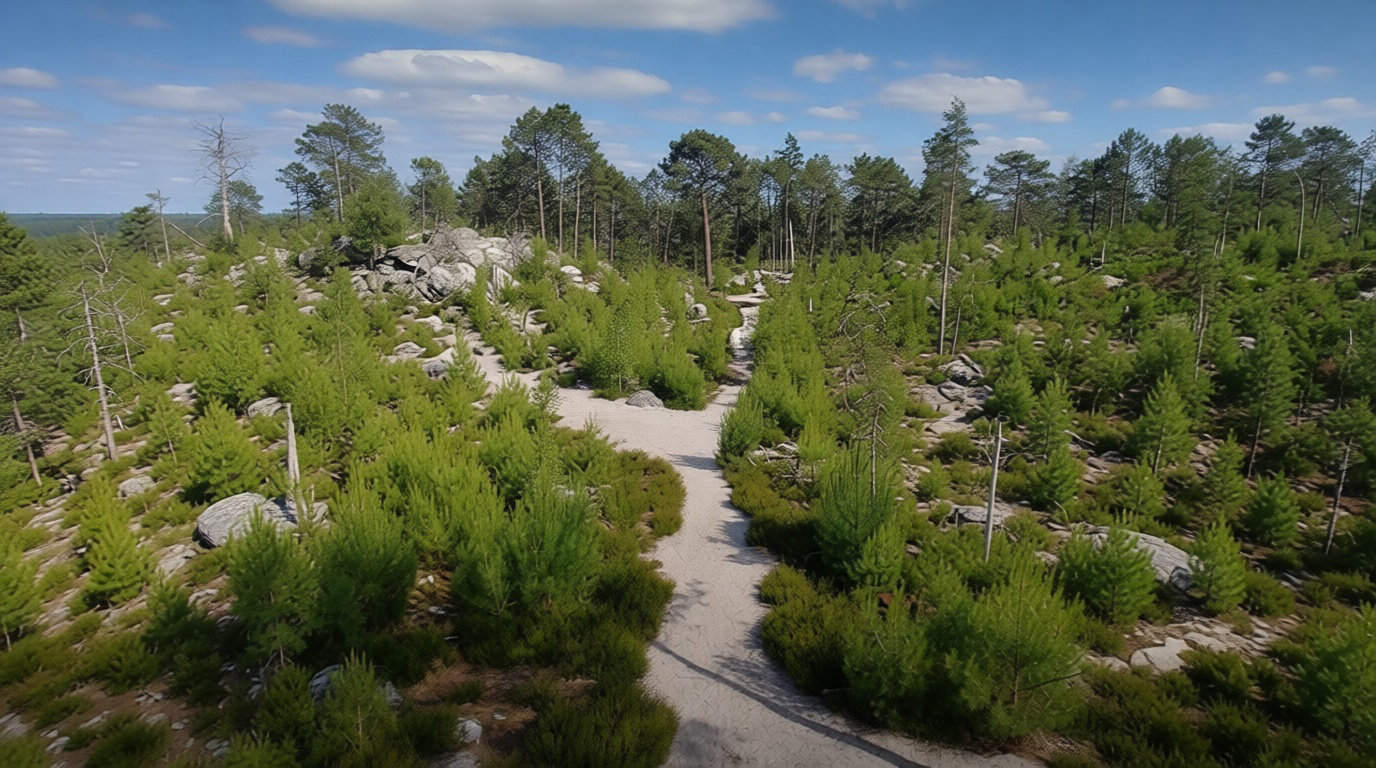 Vue aérienne d'un sentier sablonneux traversant une forêt dense de jeunes conifères et de rochers sous un ciel nuageux.